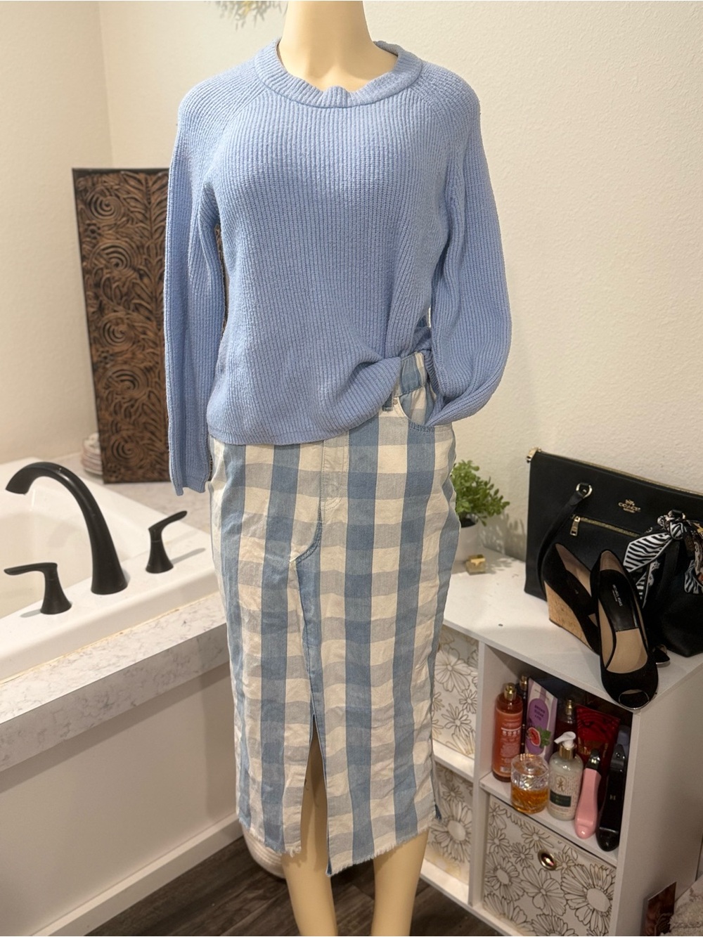 Blue and White Gingham Midi Skirt Size 9